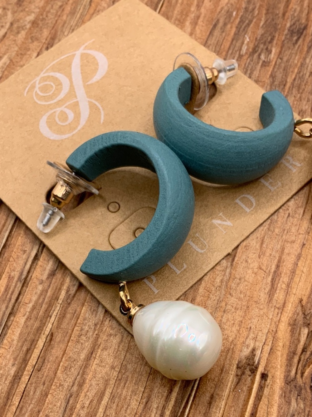 Plunder Design Althea Wood Teal Dangling Faux Pearl Drop Hoop Earrings